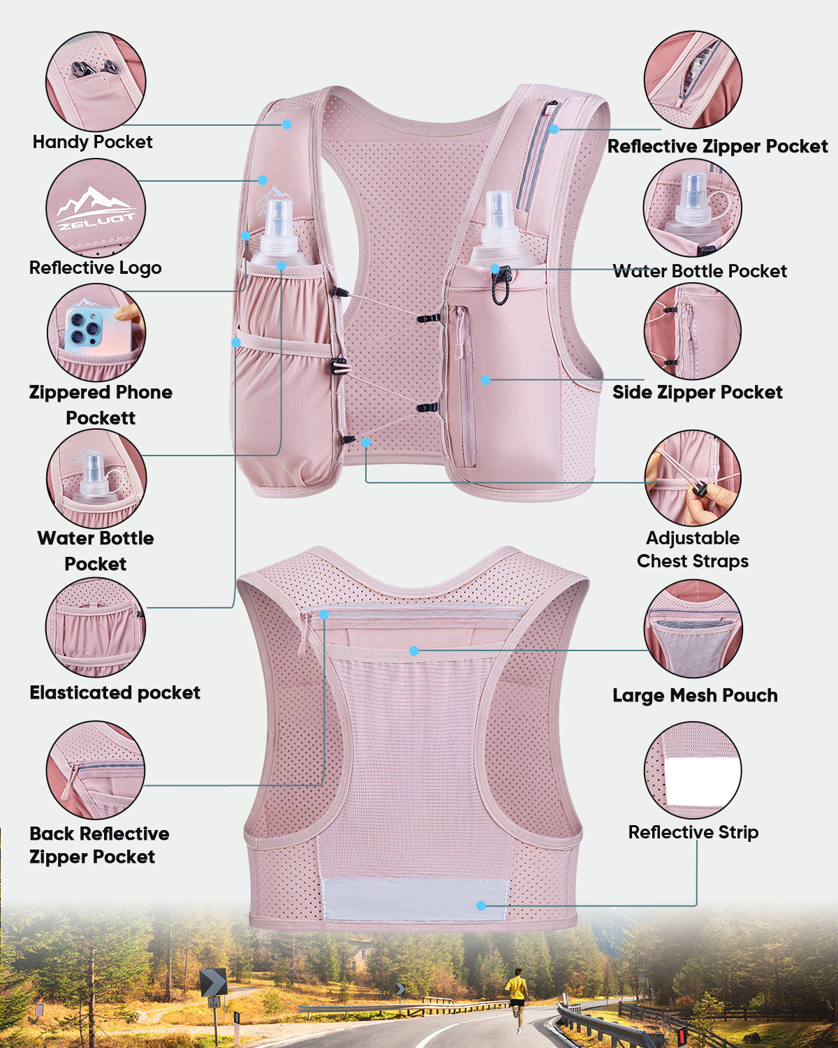 Zelvot | Adjustable Reflective Running Vest: 500ml Flask, USA Patent, Lightweight for Men & Women