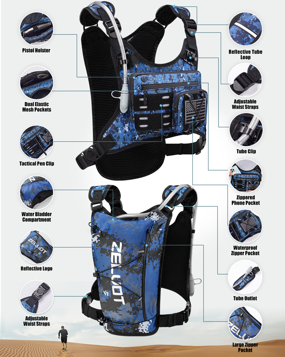 Zelvot | 2L Hydration Vest with USA Patent | Lightweight & Reflective Marathon Pack