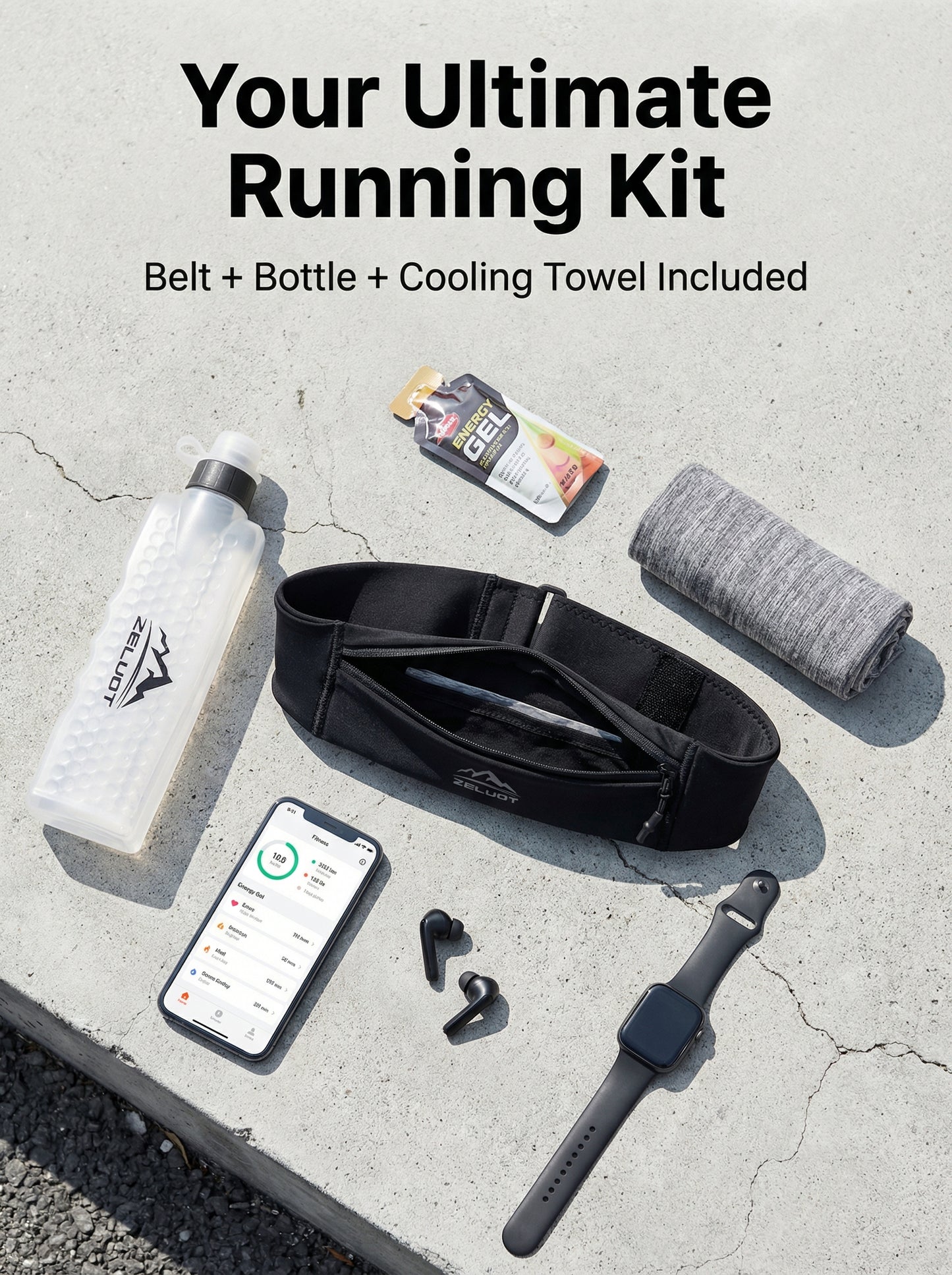 Zelvot | 3-in-1 Running Fanny Pack: 355ml Bottle, Phone Holder, Gym Towel – Waterproof Adjustable Belt