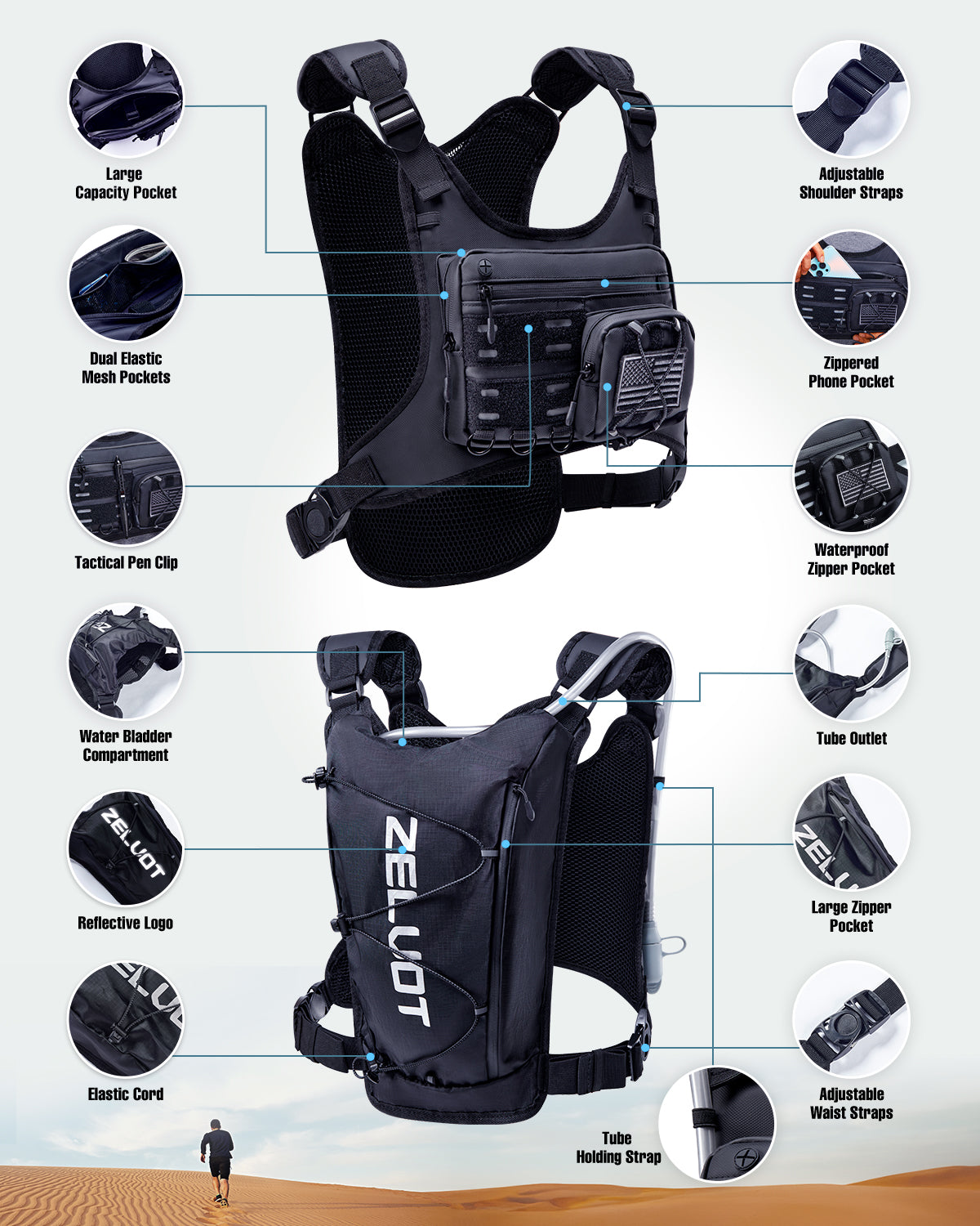 Zelvot | 2L Hydration Vest with USA Patent | Lightweight & Reflective Marathon Pack