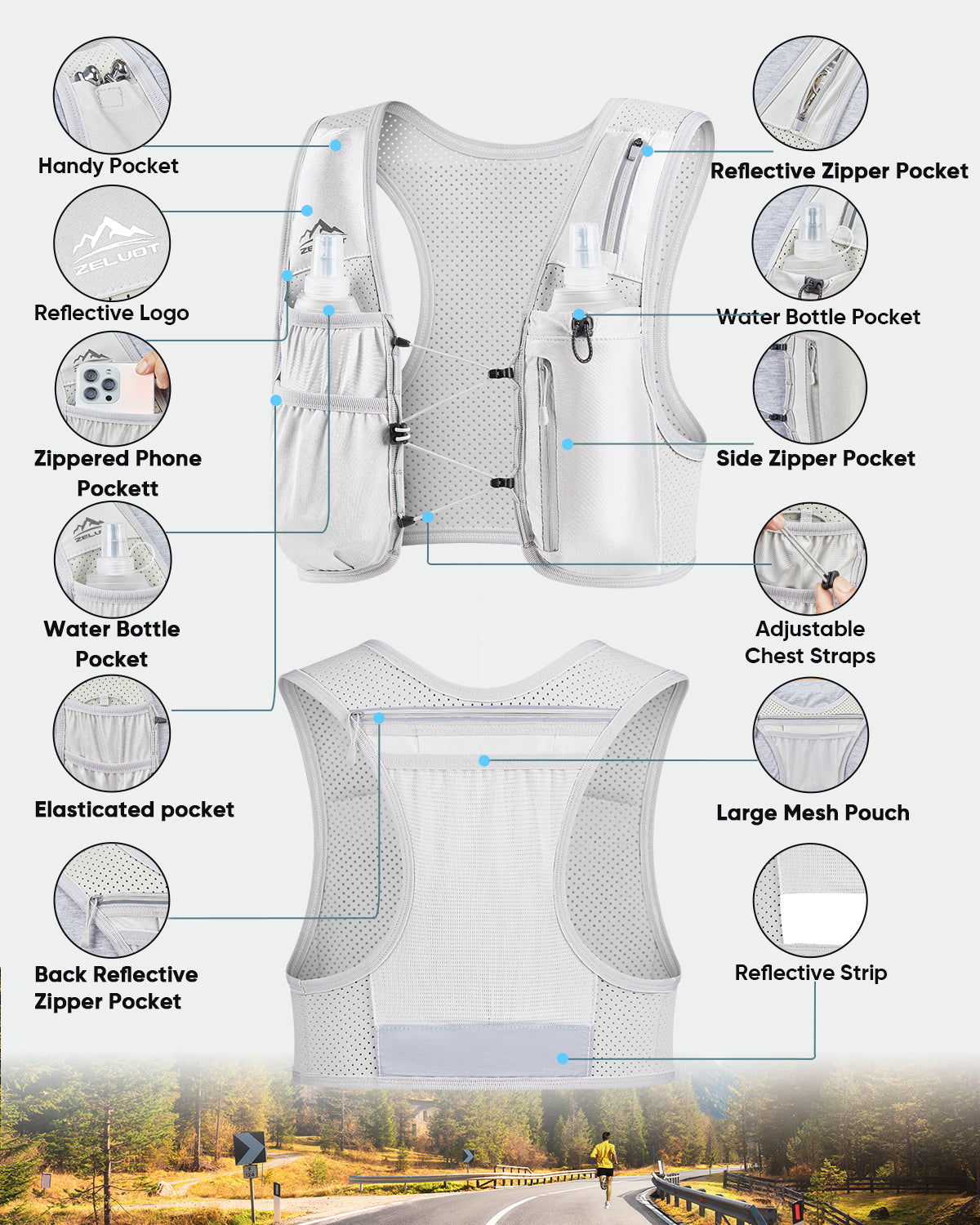 Zelvot | Adjustable Reflective Running Vest: 500ml Flask, USA Patent, Lightweight for Men & Women
