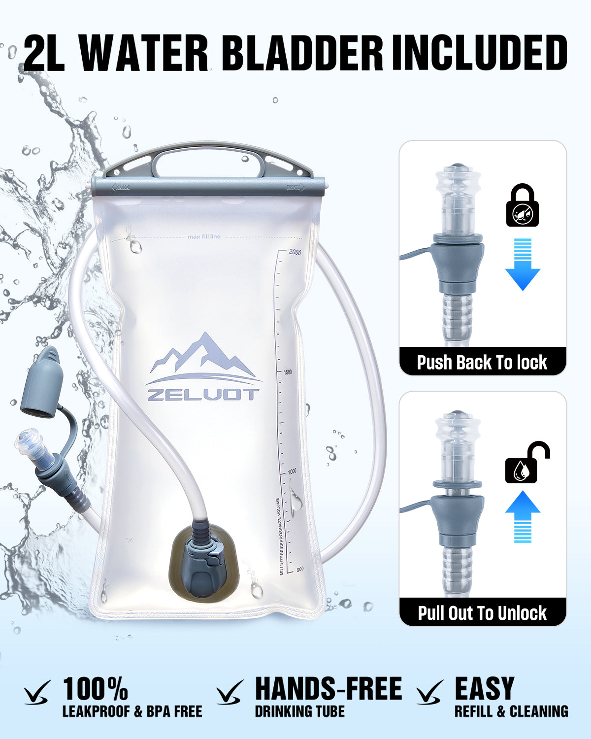Zelvot | 2L BPA-Free & Leakproof Hydration Bladder