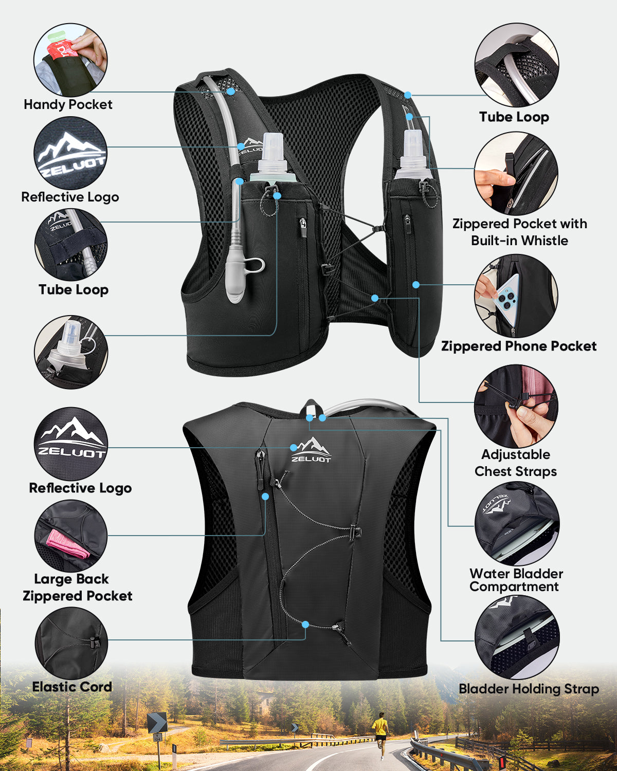 Zelvot | Lightweight Reflective Hydration Vest: 2L Bladder, Adjustable, USA Patent for Men & Women