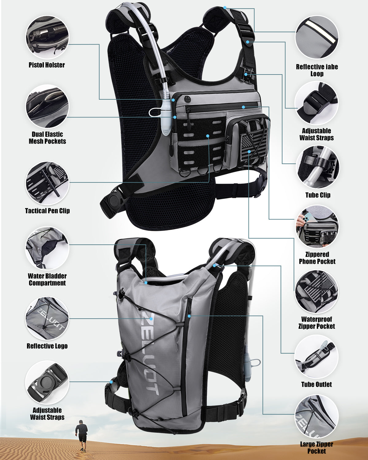 Zelvot | 2L Hydration Vest with USA Patent | Lightweight & Reflective Marathon Pack