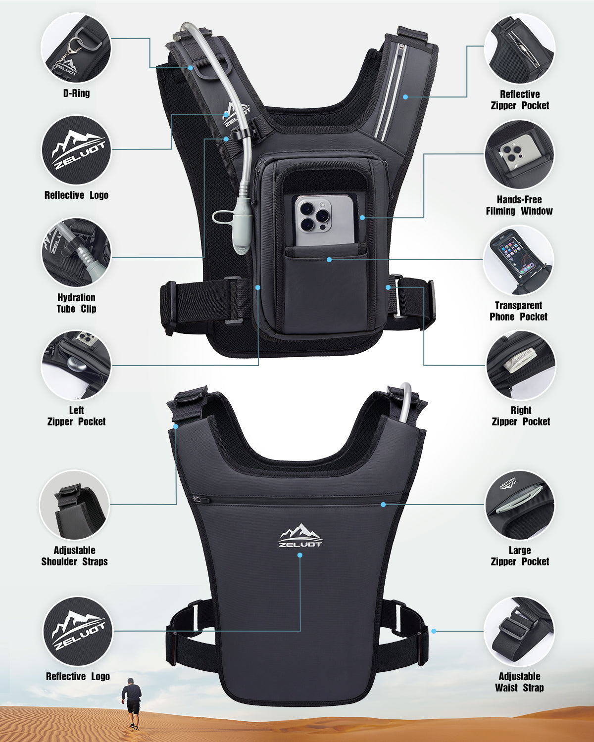 Zelvot | Hands-Free Filming Hydration Vest: 2L Water Bladder, Adjustable & Reflective for Skiing/Hiking