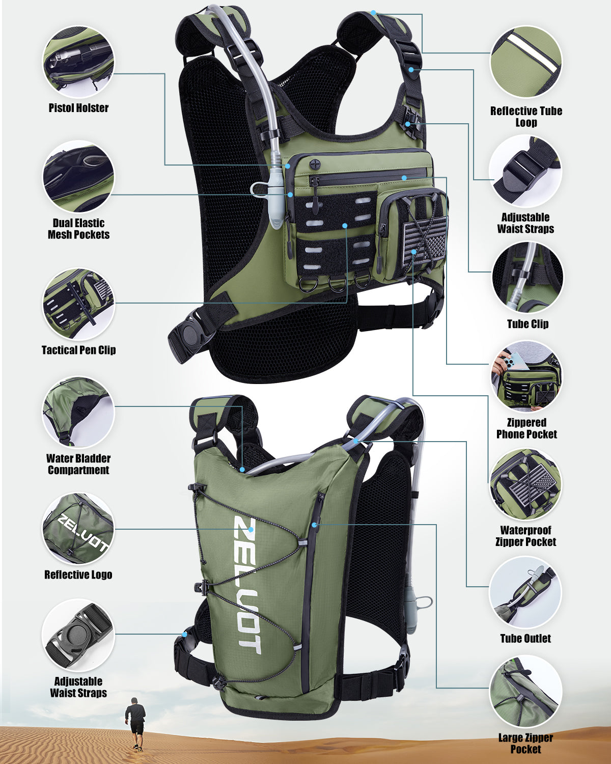 Zelvot | 2L Hydration Vest with USA Patent | Lightweight & Reflective Marathon Pack