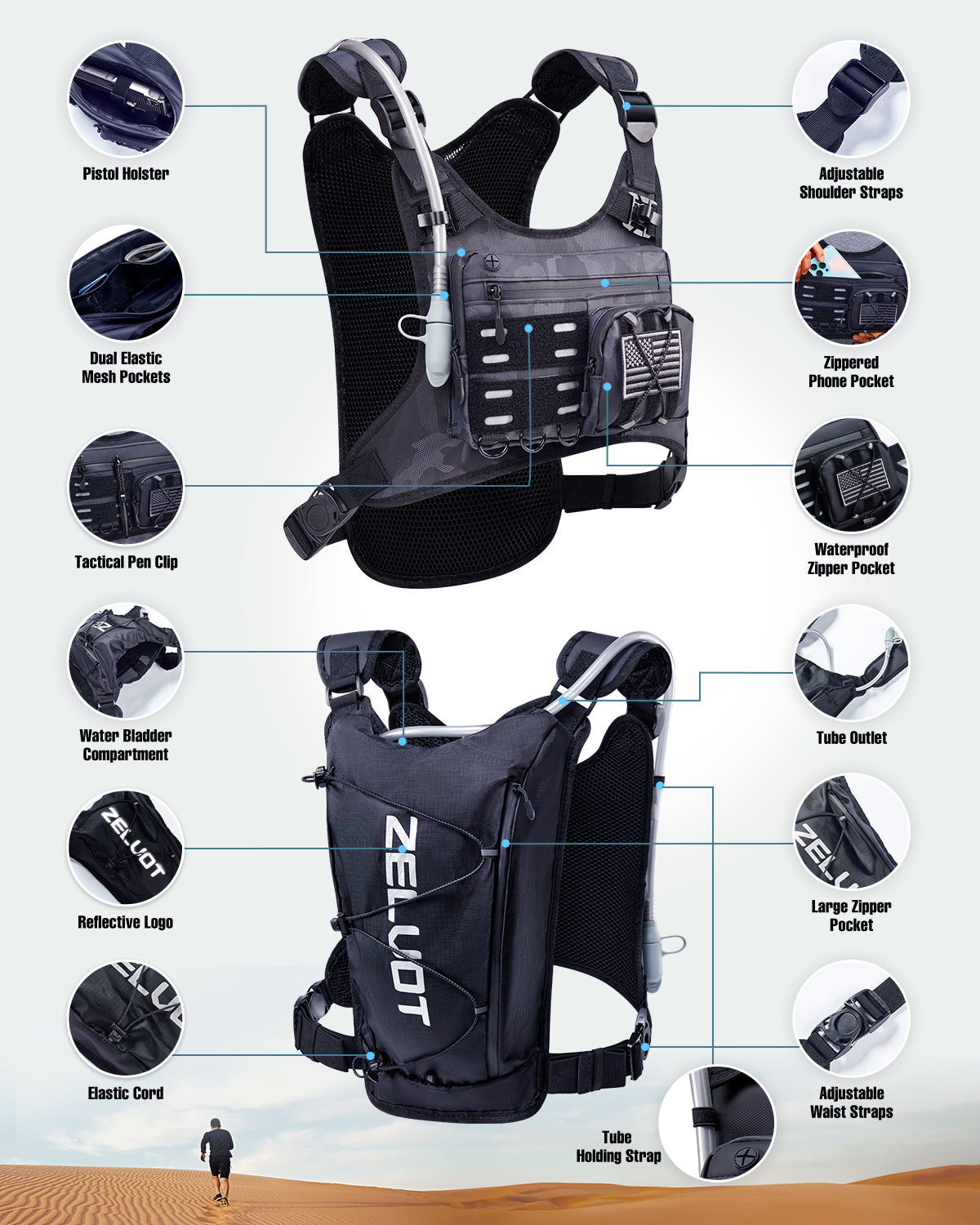 Zelvot | 2L Hydration Vest with USA Patent | Lightweight & Reflective Marathon Pack