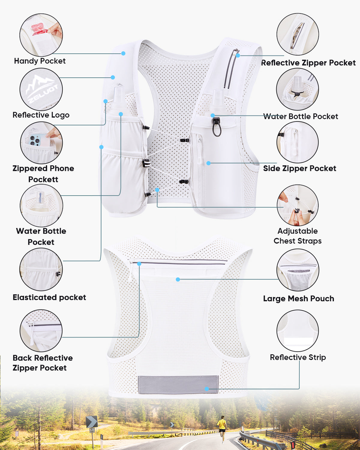Zelvot | Adjustable Reflective Running Vest: 500ml Flask, USA Patent, Lightweight for Men & Women