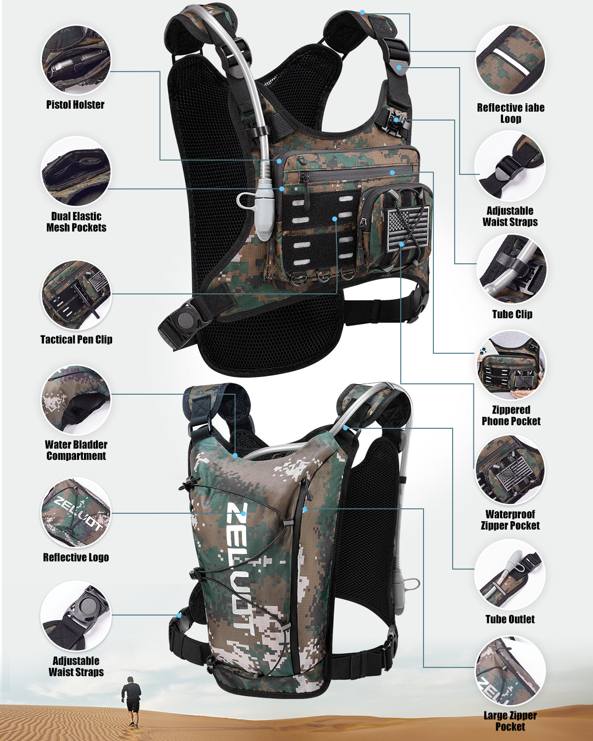Zelvot | 2L Hydration Vest with USA Patent | Lightweight & Reflective Marathon Pack