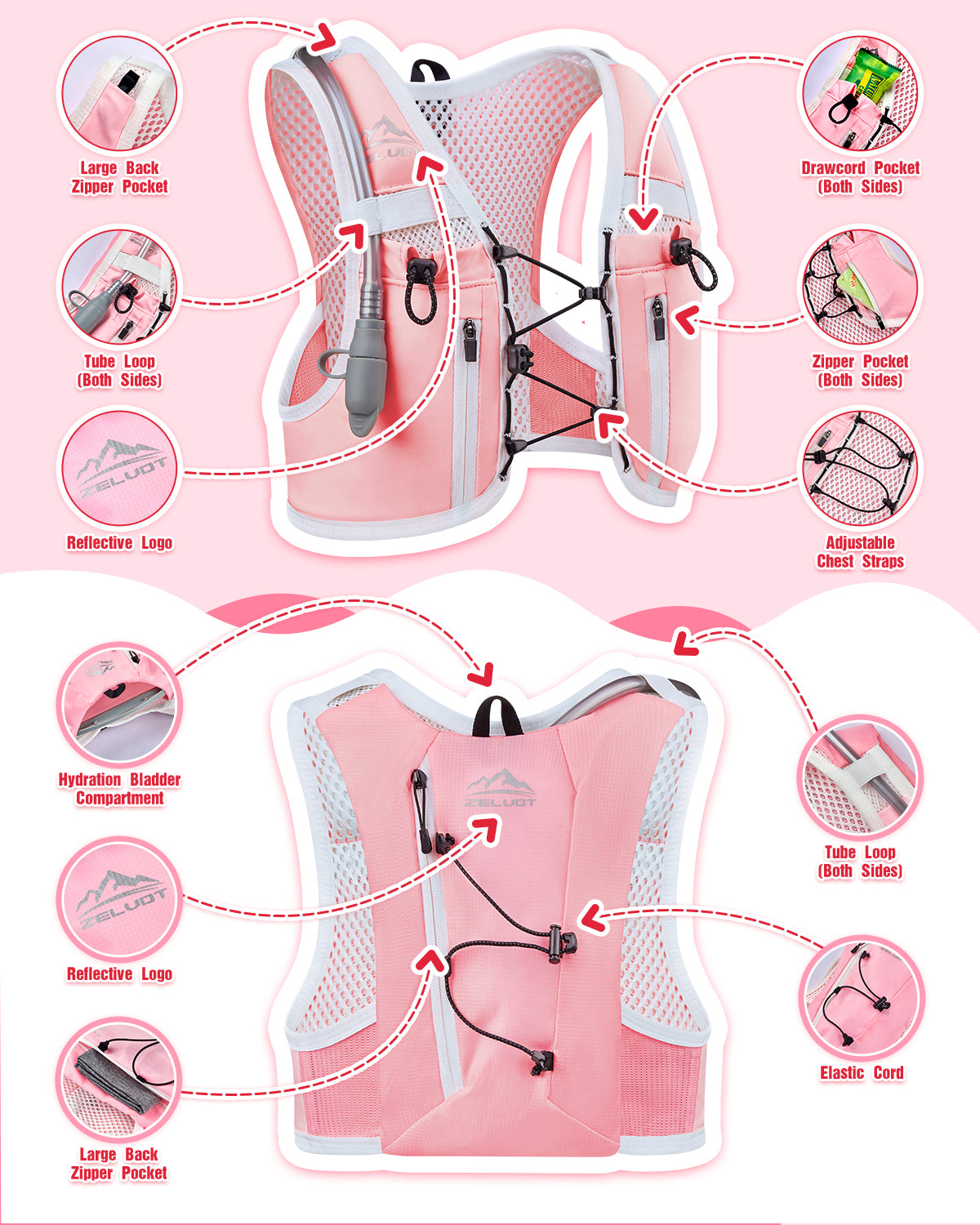 Zelvot | Adjustable Kids Running Vest – 8 Pockets, Lightweight, USA Patent, with Water Bladder