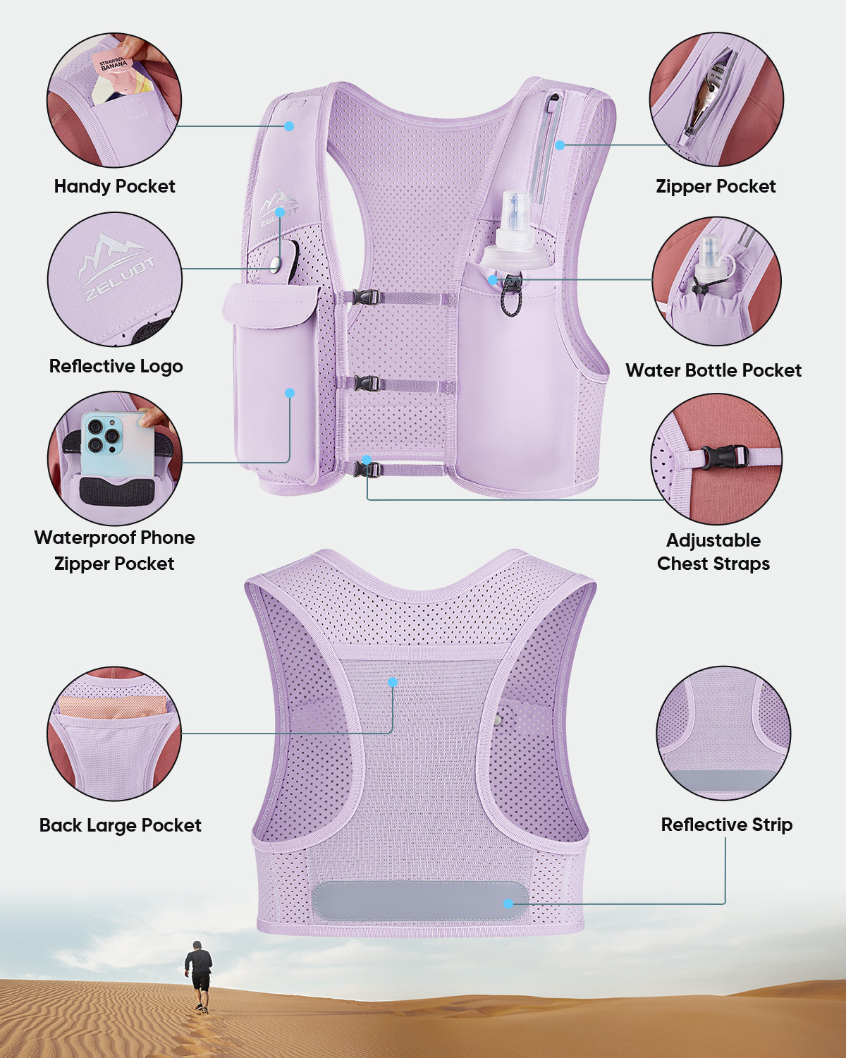 Zelvot | Lightweight Reflective Running Vest | Adjustable 500ml Hydration Pack | USA Patent