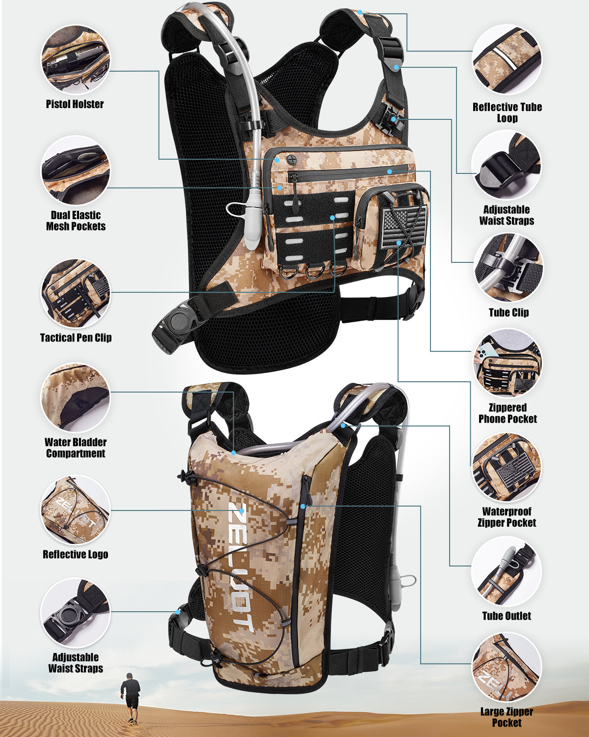 Zelvot | 2L Hydration Vest with USA Patent | Lightweight & Reflective Marathon Pack