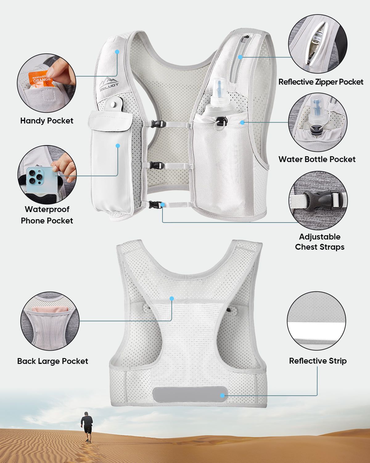 Zelvot | Lightweight Reflective Running Vest | Adjustable 500ml Hydration Pack | USA Patent