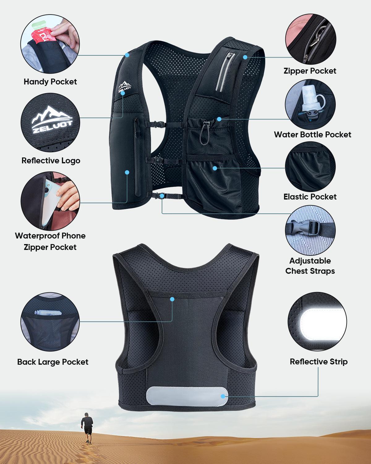 Zelvot | USA Patent Running Vest with 500ml Flask & Phone Pocket - Adjustable & Reflective