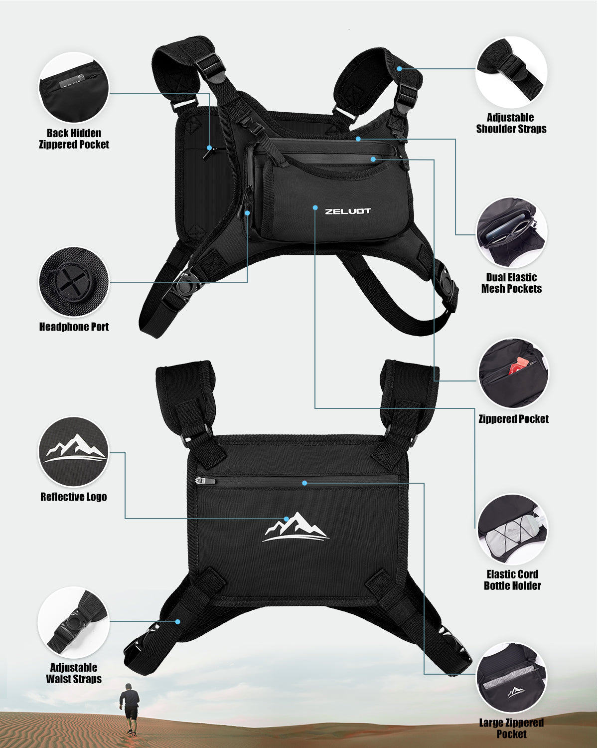 Zelvot | Lightweight 500ml Hydration Vest | Adjustable Chest Pack with 4 Pockets