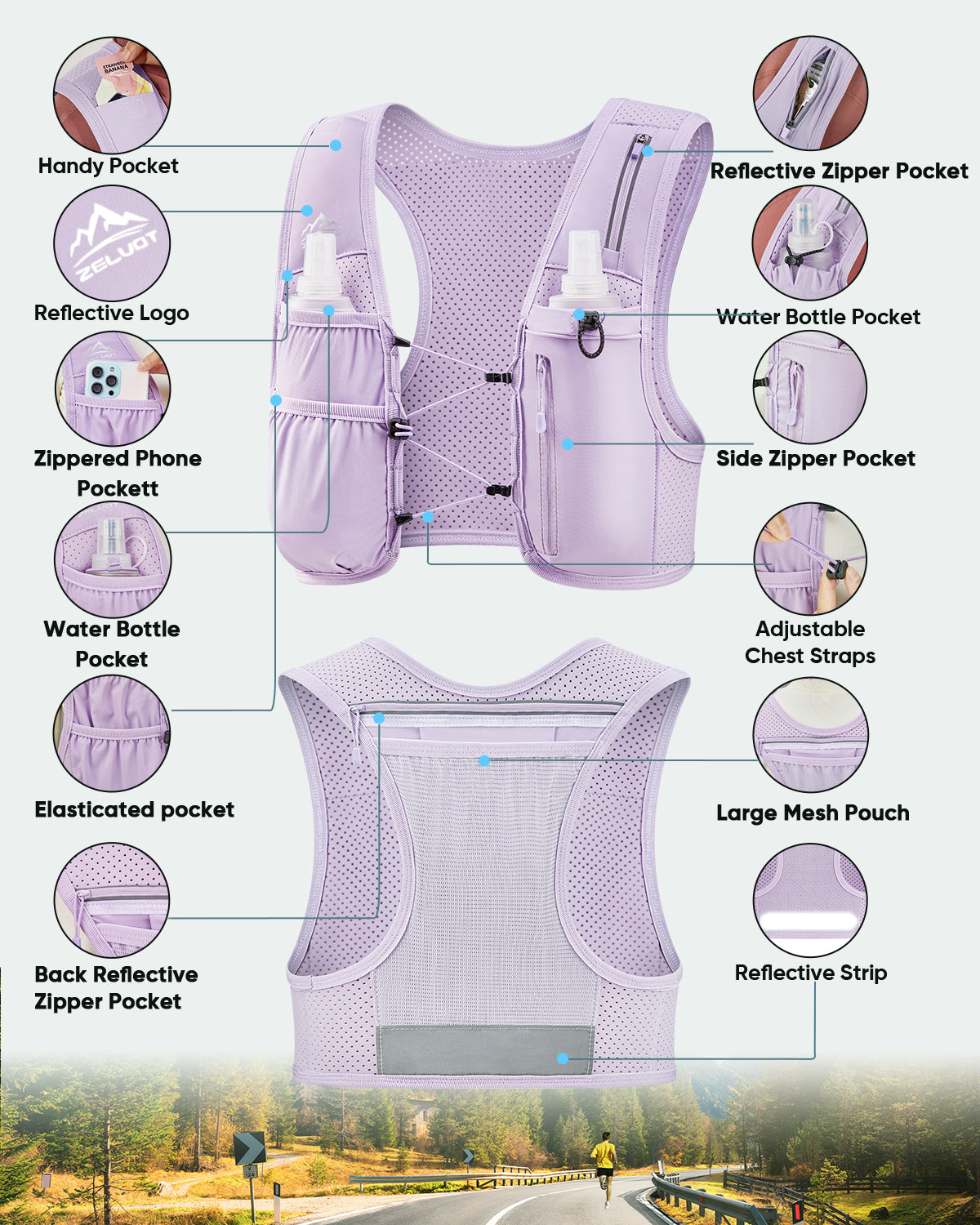 Zelvot | Adjustable Reflective Running Vest: 500ml Flask, USA Patent, Lightweight for Men & Women