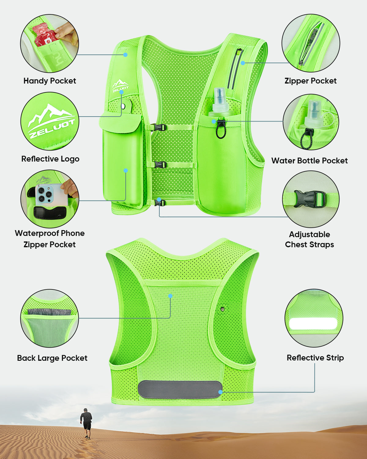 Zelvot | Lightweight Reflective Running Vest | Adjustable 500ml Hydration Pack | USA Patent