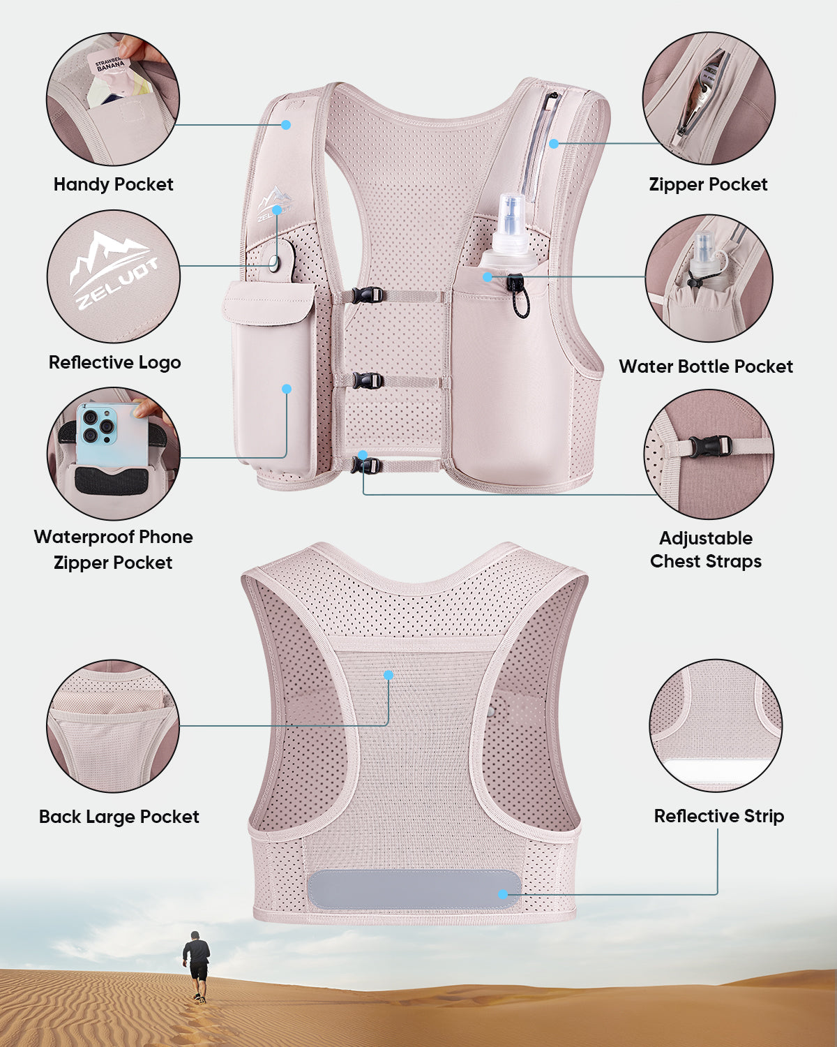Zelvot | Lightweight Reflective Running Vest | Adjustable 500ml Hydration Pack | USA Patent