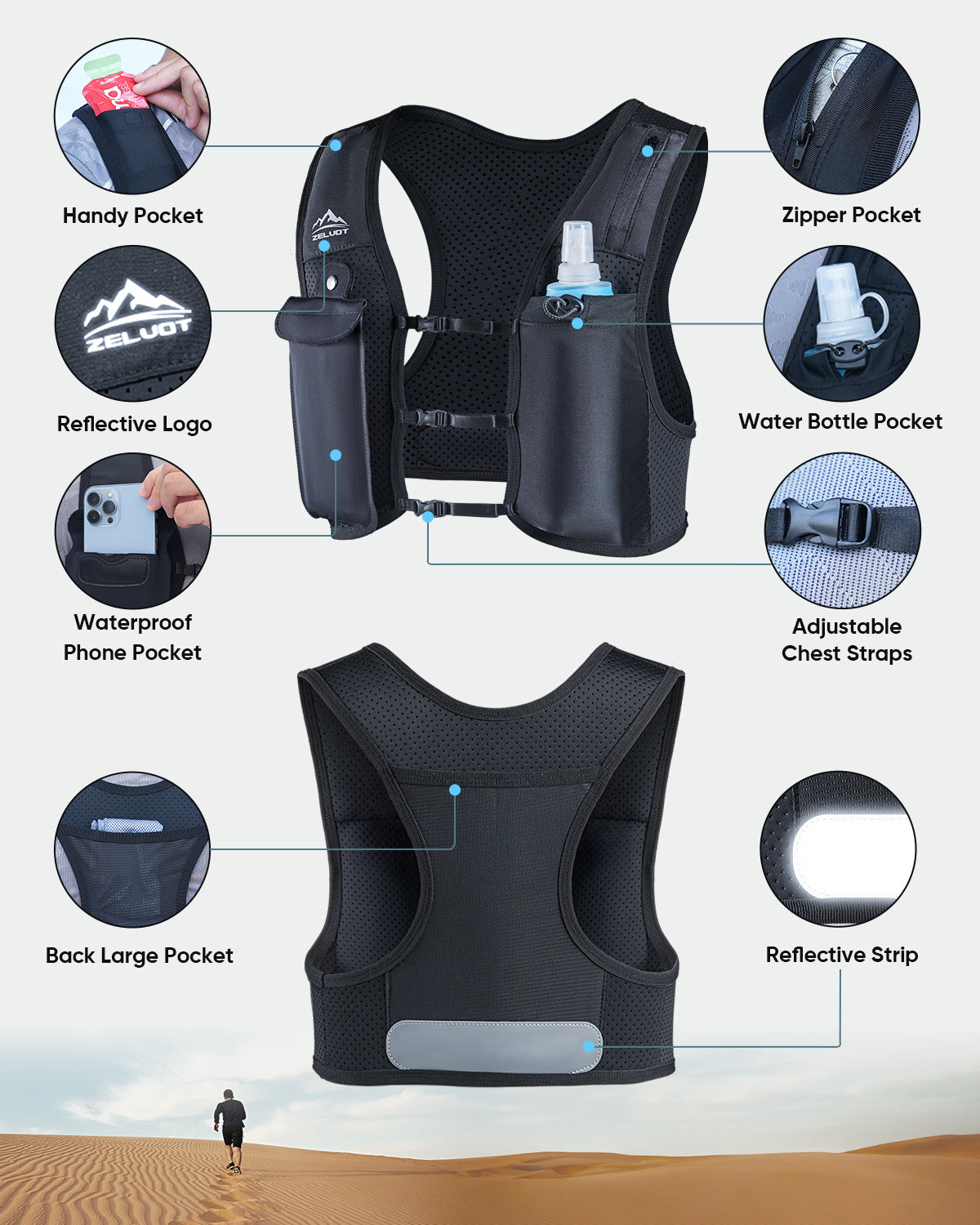 Zelvot | Lightweight Reflective Running Vest | Adjustable 500ml Hydration Pack | USA Patent